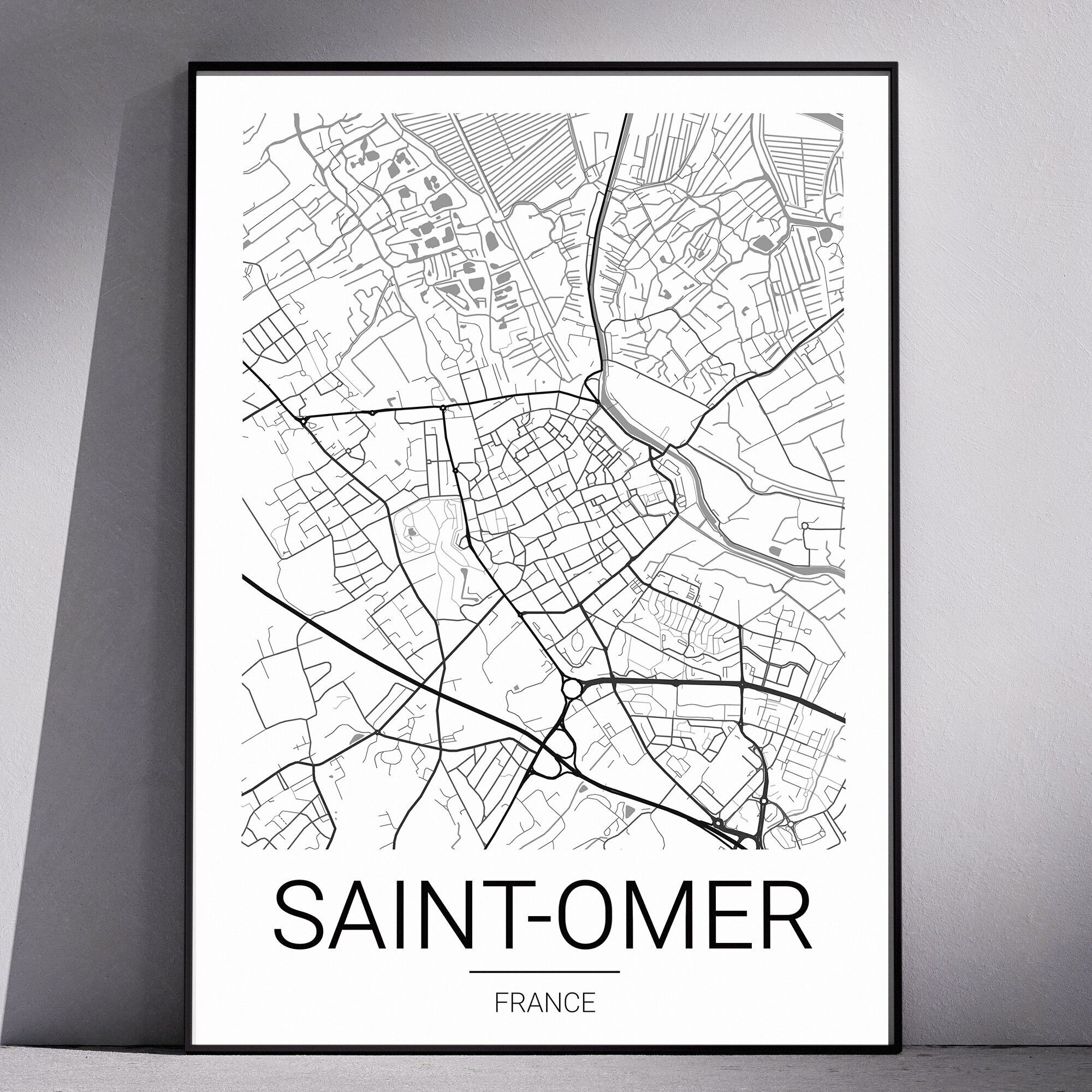 Affiche plan de ville France - Saint-omer / Affiche Plan de Ville Minimaliste / Du format A6 au A3