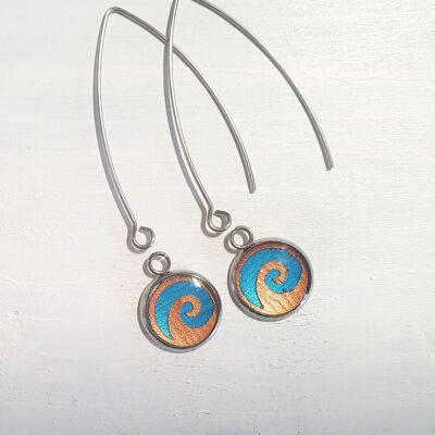 Waves drop long wire earrings - Sea blue pearl ,SKU284