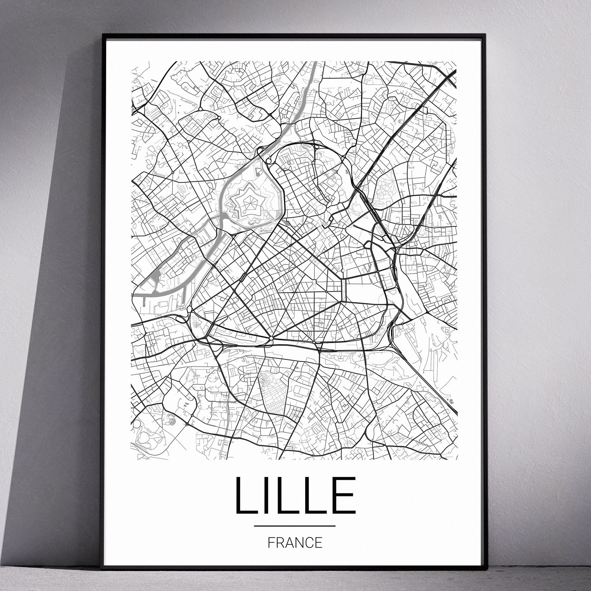 Affiche plan de ville France - Lille / Affiche Plan de Ville Minimaliste / Du format A6 au A3