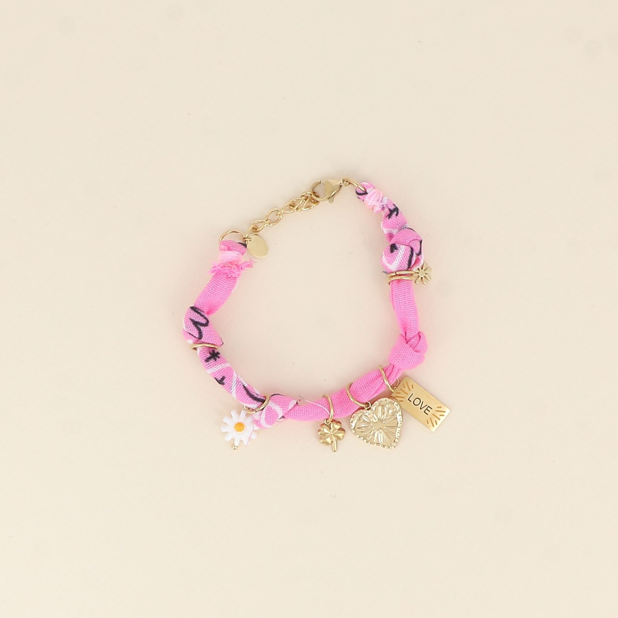 Bracelet - ribbon fabric, beaded flower, clover, heart, LOVE plaque, sun