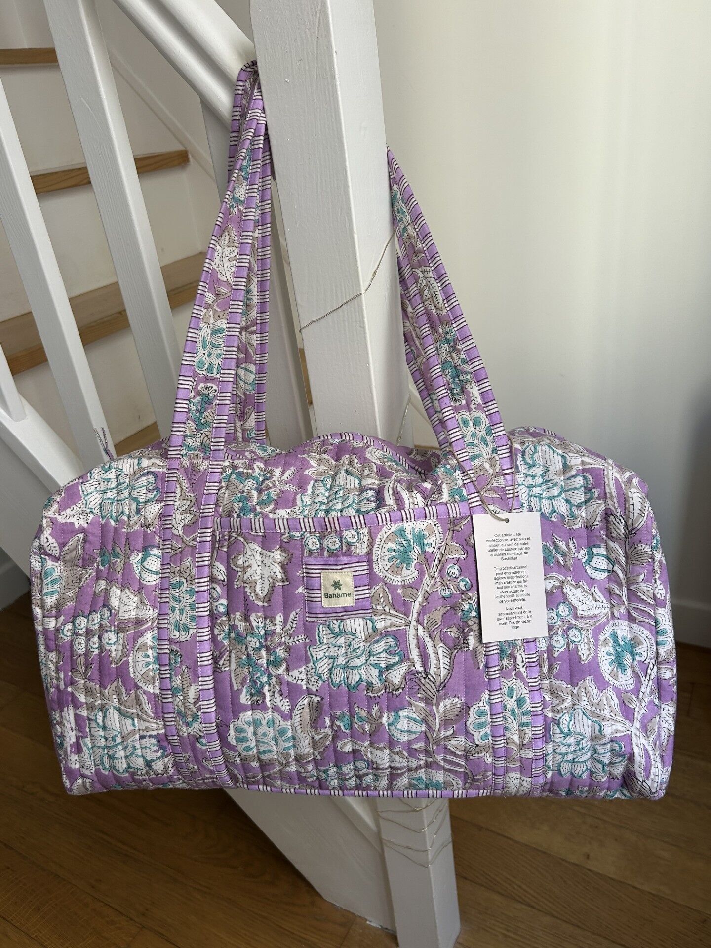 Purple floral print weekend bag