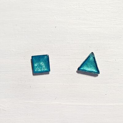 Mini triangle & square studs - Iridescent blue ,SKU418
