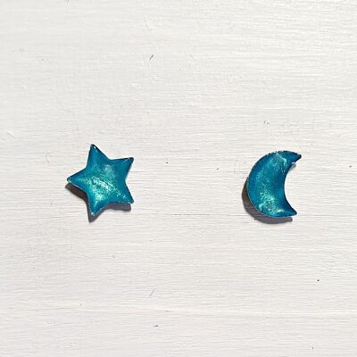 Mini moon & star studs - Iridescent blue ,SKU593