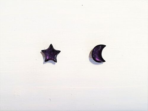 Mini moon & star studs - Deep purple pearl ,SKU605