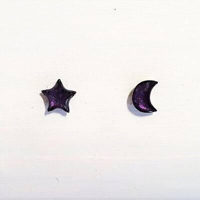 Mini moon & star studs - Deep purple pearl ,SKU605