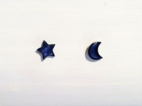 Mini moon & star studs - Midnight pearl ,SKU606