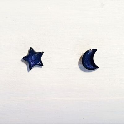 Mini moon & star studs - Midnight pearl ,SKU606