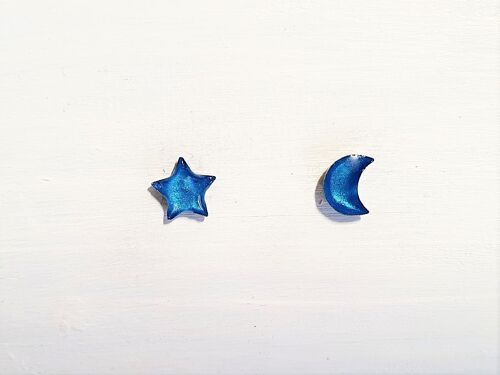 Mini moon & star studs - Sea blue pearl ,SKU607