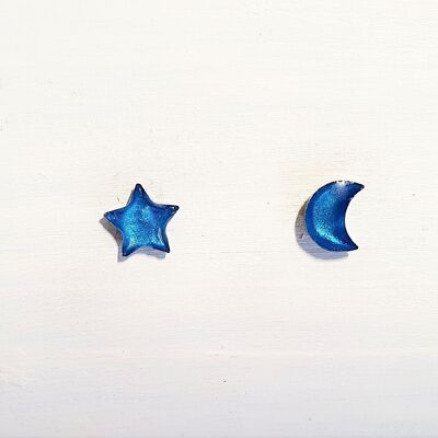 Mini moon & star studs - Sea blue pearl ,SKU607