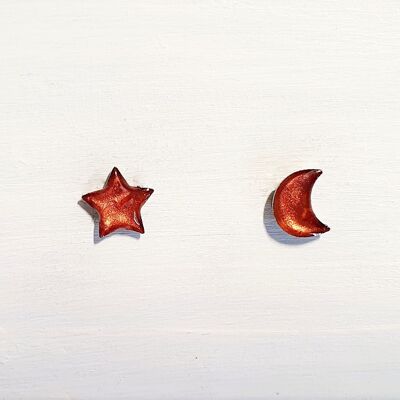 Mini moon & star studs - Iridescent copper ,SKU609