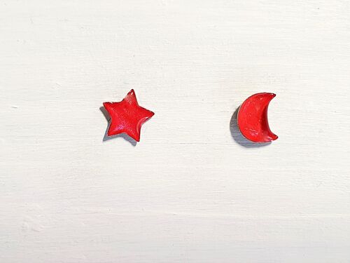 Mini moon & star studs - Red pearl ,SKU611
