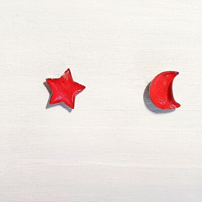 Mini moon & star studs - Red pearl ,SKU611