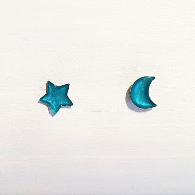 Mini moon & star studs - Iridescent aqua ,SKU613