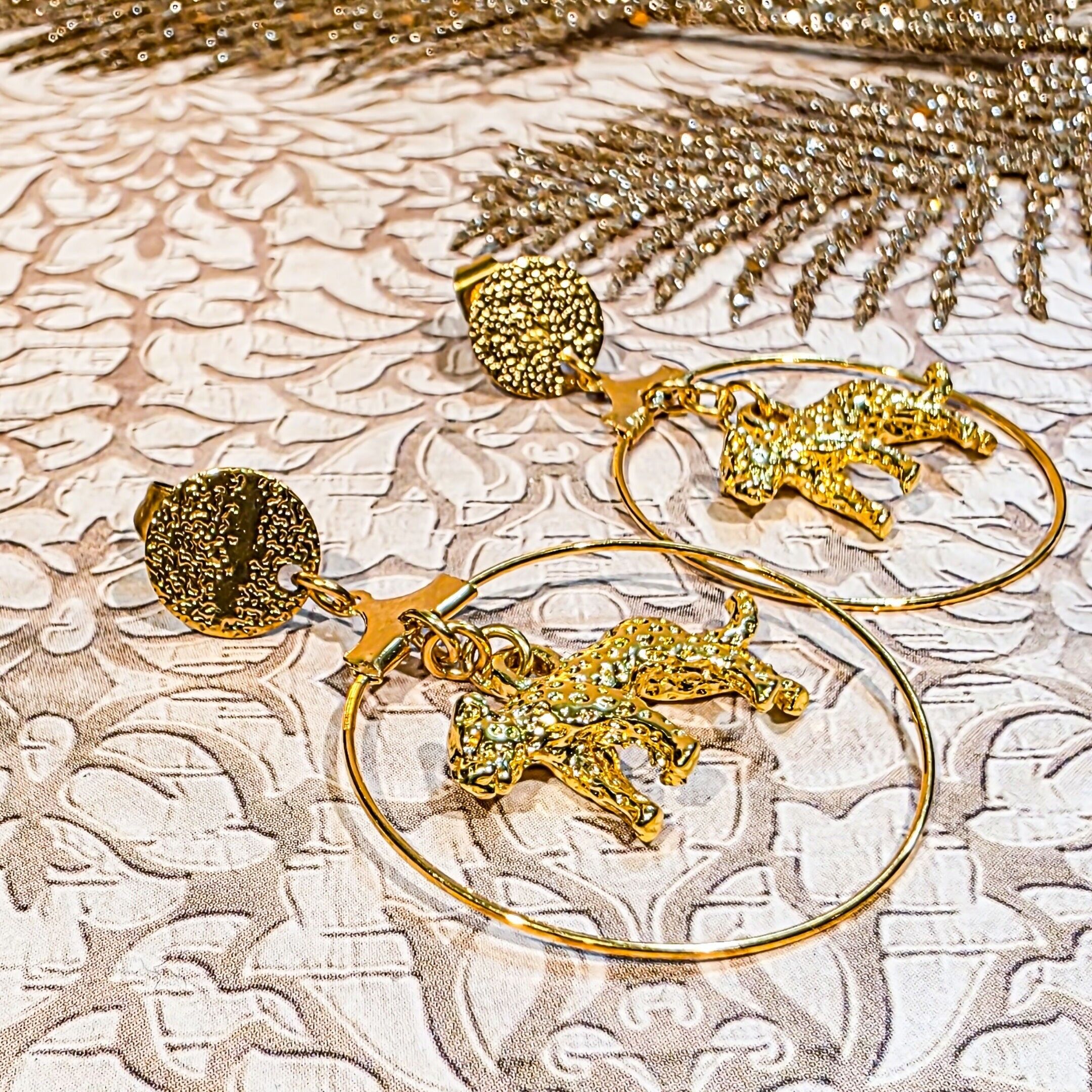 Leopard print hoop earrings in 24k gold-plated brass. Stainless steel jewelry. Mother's Day gift for mom. Teacher gift. Christmas gift.
