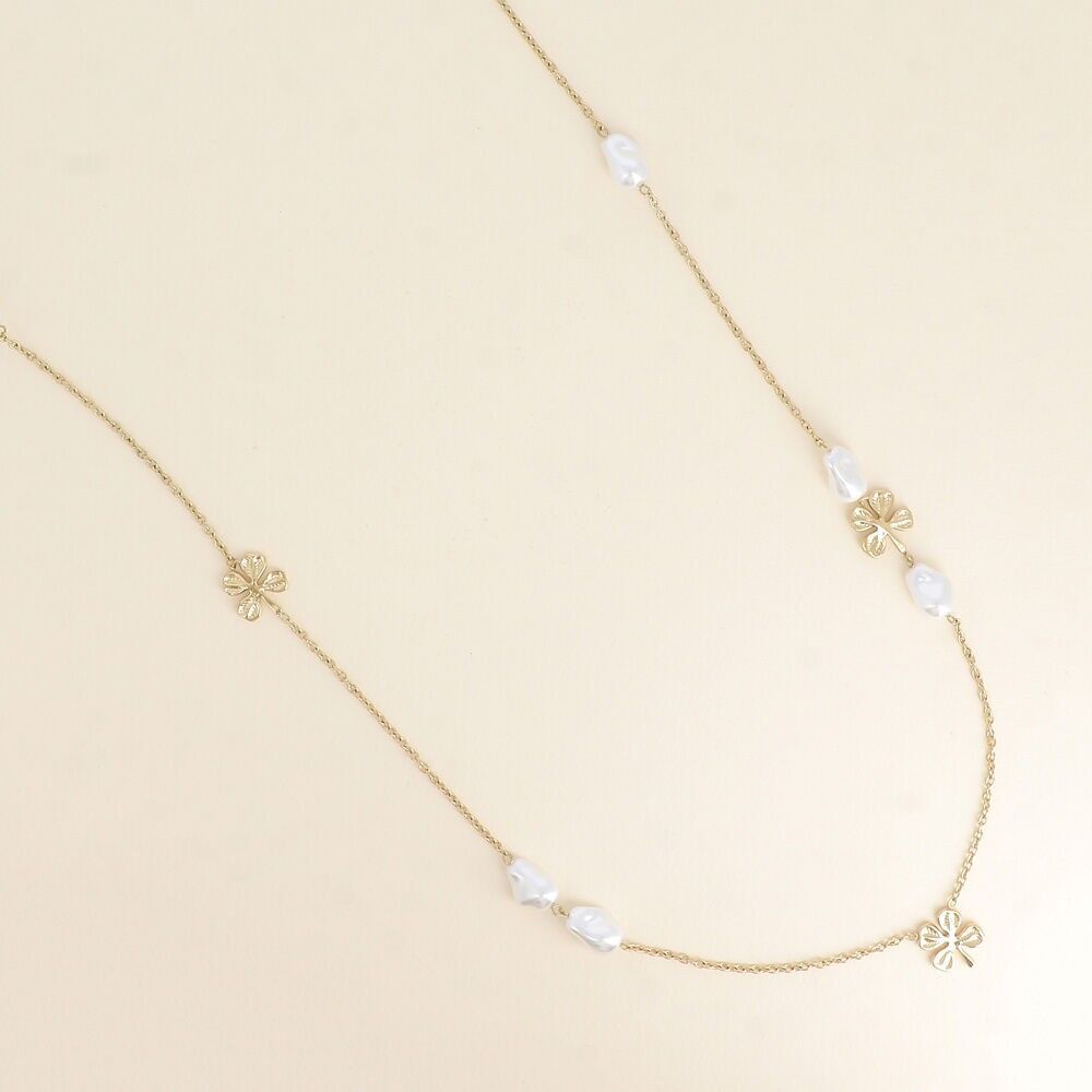 Long necklace - clover pendants and freshwater pearls