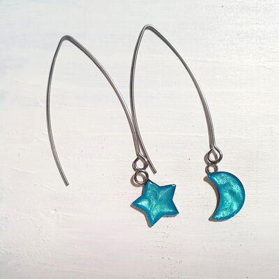 Long wire drop star& moon earrings - iridescent blue ,SKU870
