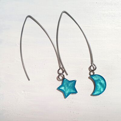 Boucles d'oreilles longues étoile et lune en fil de fer - bleu irisé ,SKU870