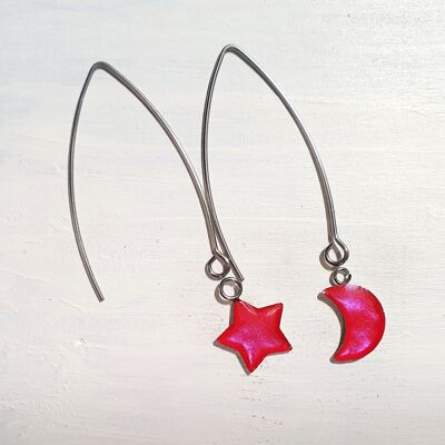 Boucles d'oreilles longues étoile et lune en fil de fer - Rose irisé ,SKU871