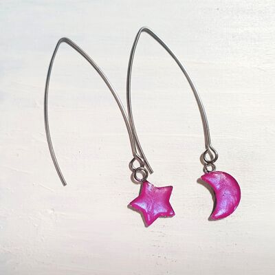 Pendientes largos de alambre con gota de estrella y luna - violeta iridiscente, SKU872