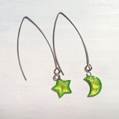 Long wire drop star& moon earrings - iridescent green ,SKU874