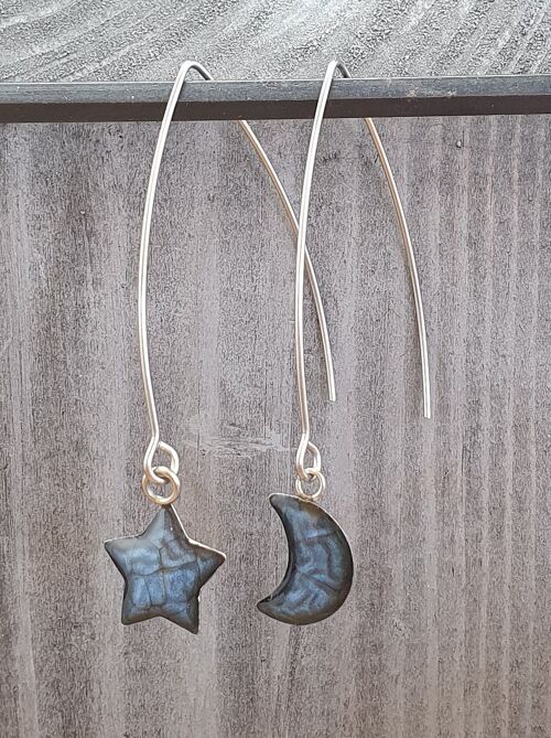 Long wire drop star& moon earrings - Night blue ,SKU877