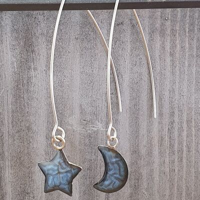 Long wire drop star&moon earrings - Night blue ,SKU877