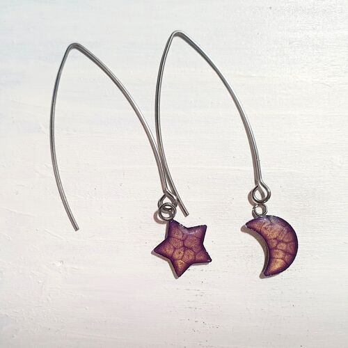 Long wire drop star& moon earrings - Purple ,SKU878