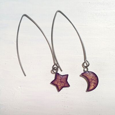 Pendientes largos de alambre con gota de estrella y luna - Púrpura, SKU878
