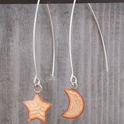 Pendientes largos de alambre con gota de estrella y luna - Rosa, SKU879