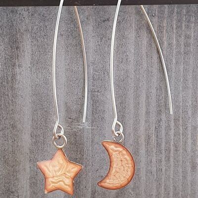 Boucles d'oreilles longues étoile et lune en fil de fer - Rose ,SKU879