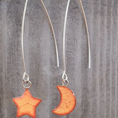 Pendientes largos de alambre con gota de estrella y luna - Naranja, SKU880