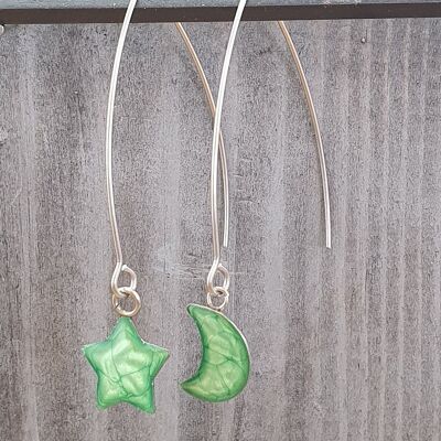Long wire drop star& moon earrings - Emerald ,SKU881