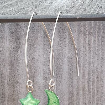 Long wire drop star& moon earrings - Emerald ,SKU881