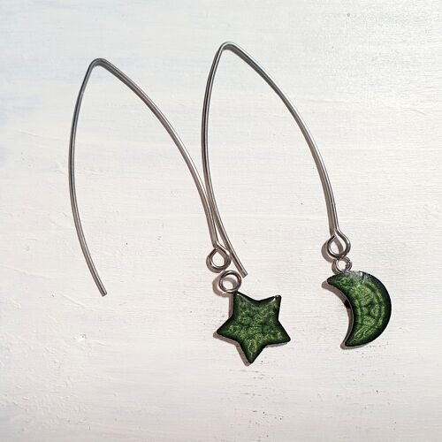 Long wire drop star& moon earrings - Leaf ,SKU882