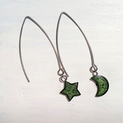 Long wire drop star&moon earrings - Leaf ,SKU882