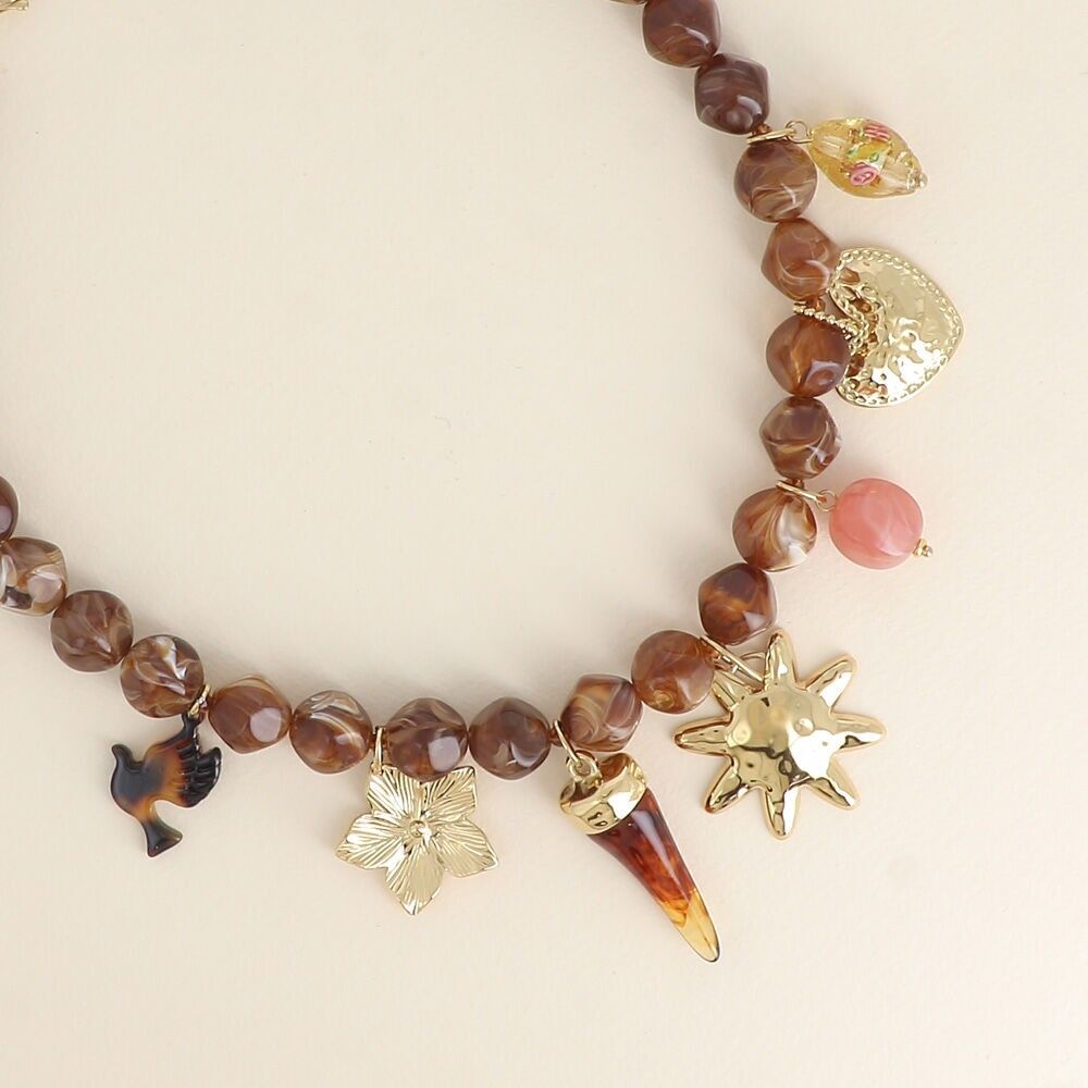 Necklace - flower, resin horn, sun, resin beads, heart