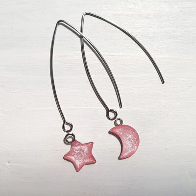 Long wire drop star&moon earrings - Baby pink ,SKU883