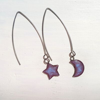 Pendientes largos de alambre con gota de estrella y luna - Violeta, SKU884