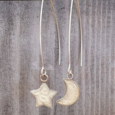 Pendientes largos de alambre con gota de estrella y luna - Azul hielo, SKU885