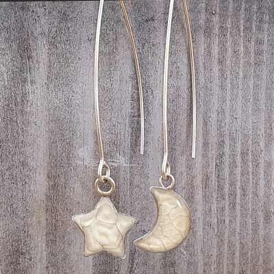 Long wire drop star& moon earrings - Ice blue ,SKU885