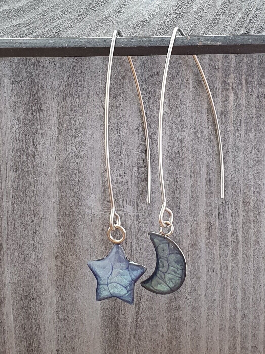 Pendientes largos de alambre con gota de estrella y luna - Azul marino, SKU886