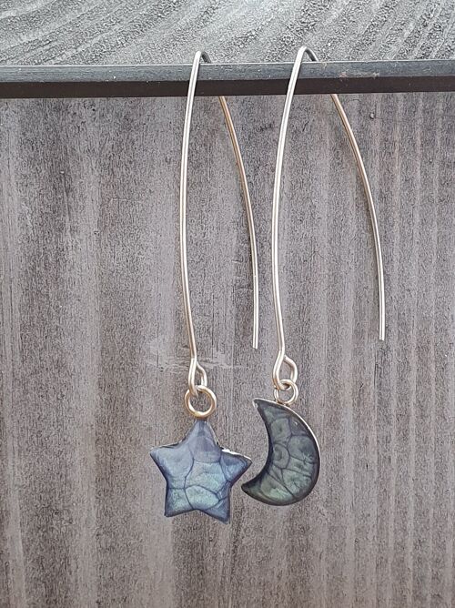 Long wire drop star& moon earrings - Marine ,SKU886