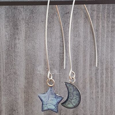 Orecchini lunghi con stelle e luna a goccia - Navy, SKU886