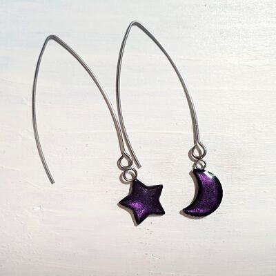 Boucles d'oreilles longues étoile et lune en fil de fer - Perle violet foncé, SKU887