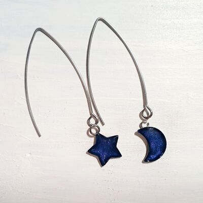 Pendientes largos de alambre con forma de estrella y luna - Perla de medianoche, SKU888