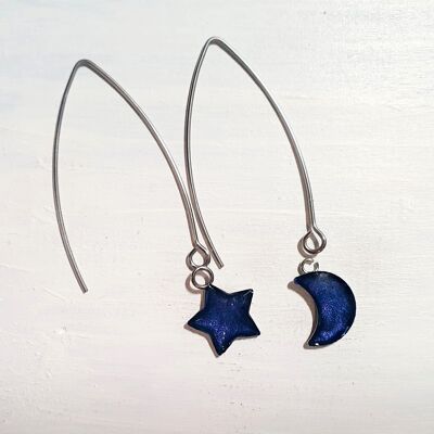 Boucles d'oreilles longues étoile et lune en fil de fer - Perle de minuit, SKU888