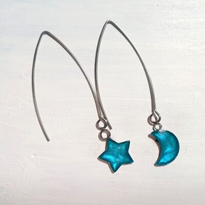 Boucles d'oreilles longues étoile et lune en fil de fer - Perle bleu de mer ,SKU889