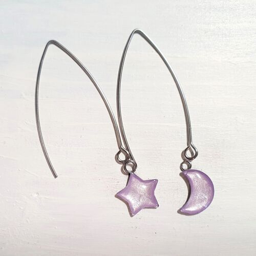 Long wire drop star& moon earrings - Lilac pearl ,SKU890