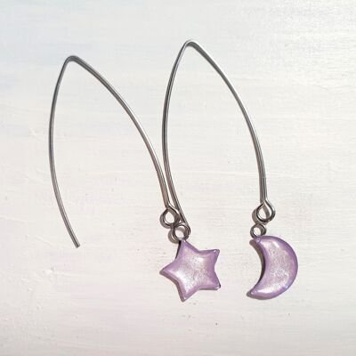 Boucles d'oreilles longues étoile et lune en fil de fer - Perle lilas, SKU890