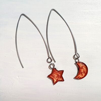 Long wire drop star& moon earrings - Iridescent copper ,SKU891